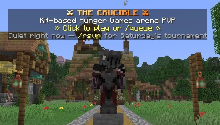 The Crucible arena NPC in the middle of town, an armored knight under a floating sign: Kit-based Hunger Games arena PvP, click to play