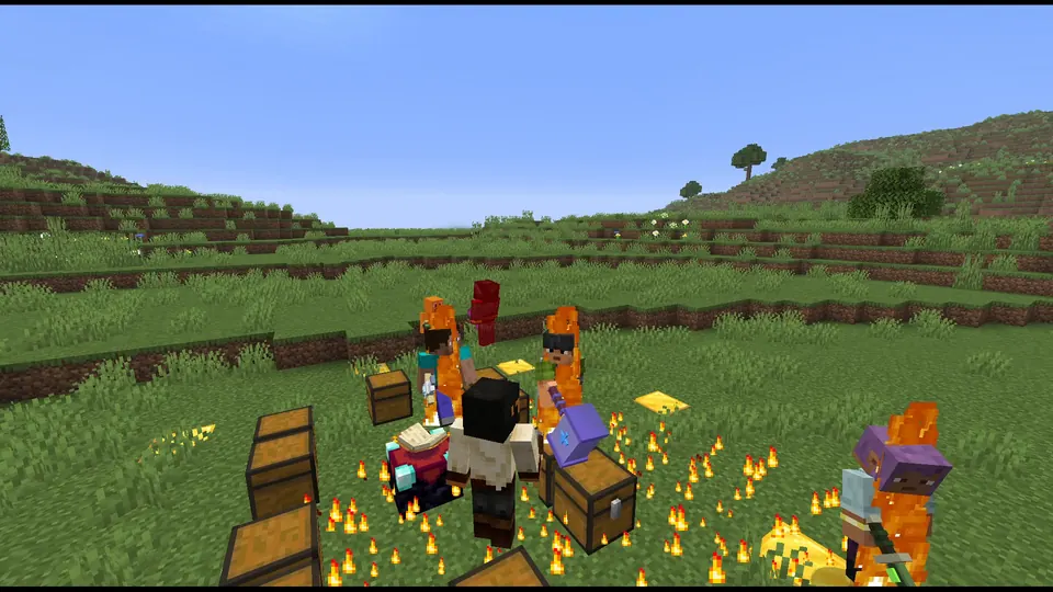 A ring of chests on fire during a fight